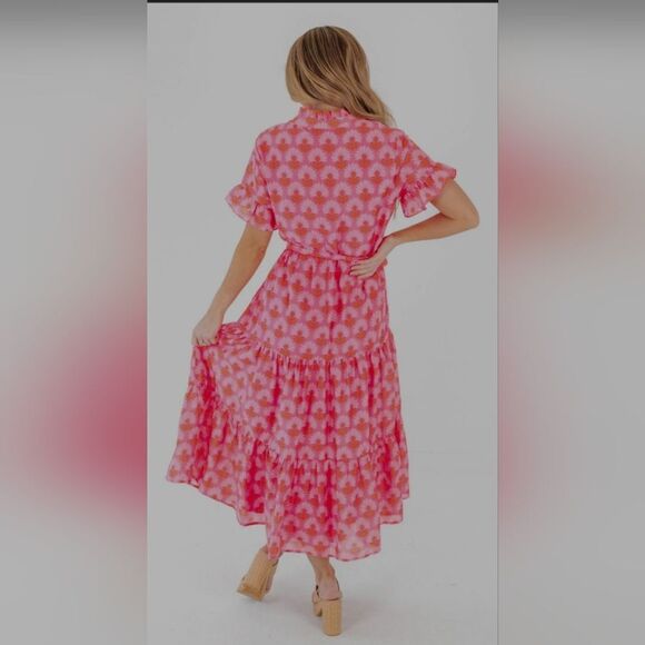 J.Marie Floral Ruffled Tiered Midi Belted Dress Resort Wear Vacation Prairie M - Picture 4 of 9